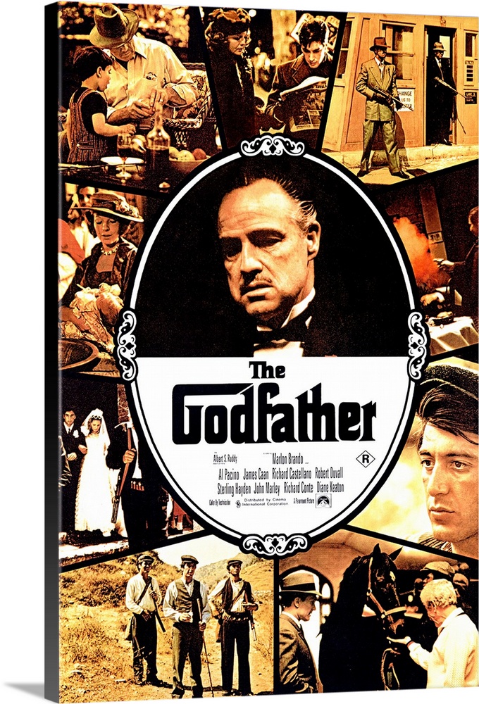 Movie poster for "The Godfather" that has Marlon Brando in the center of the poster with a collage of stills from the movi...