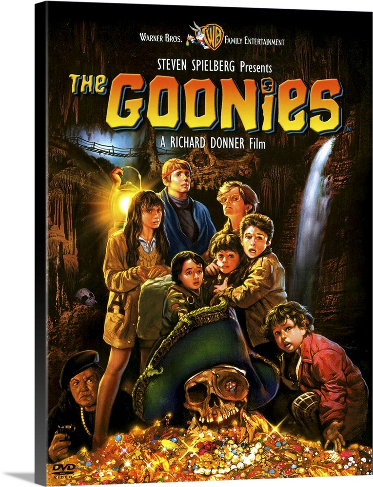 Movie poster for the 1980s movie Goonies with a drawing of all the child characters standing with their pile of treasure.