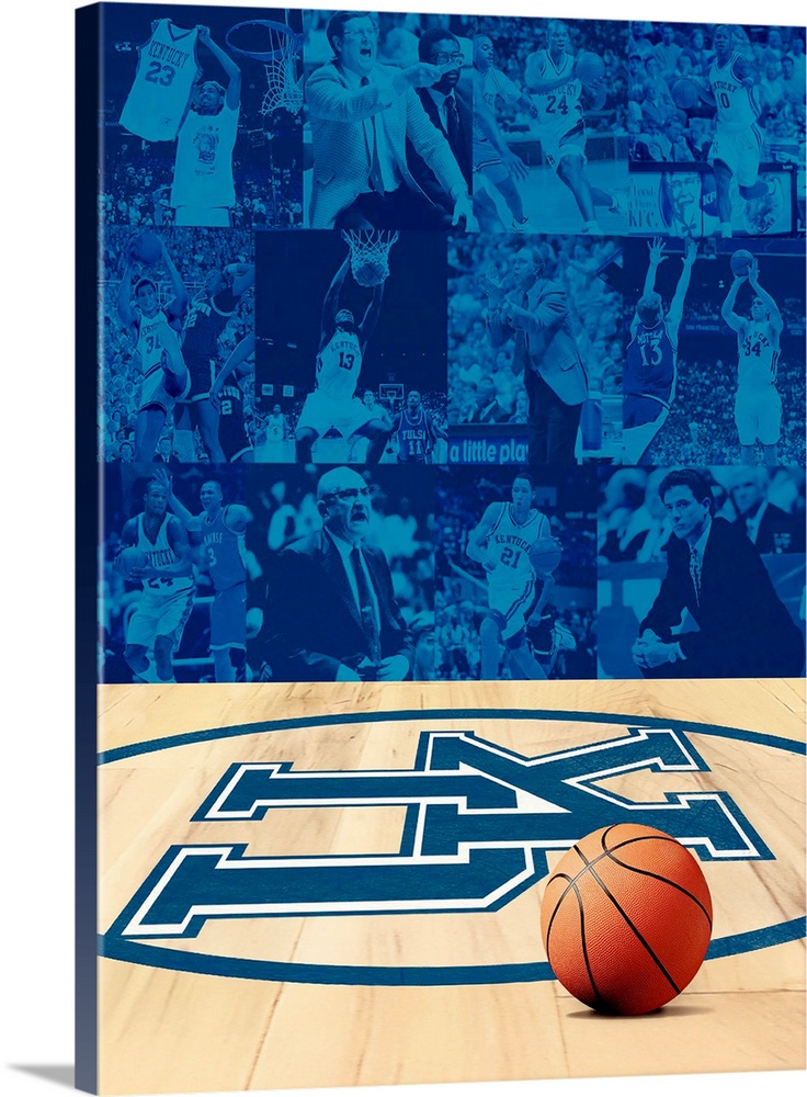 Portrait, large wall picture of collaged images displaying great moments in University of Kentucky basketball history.  Be...