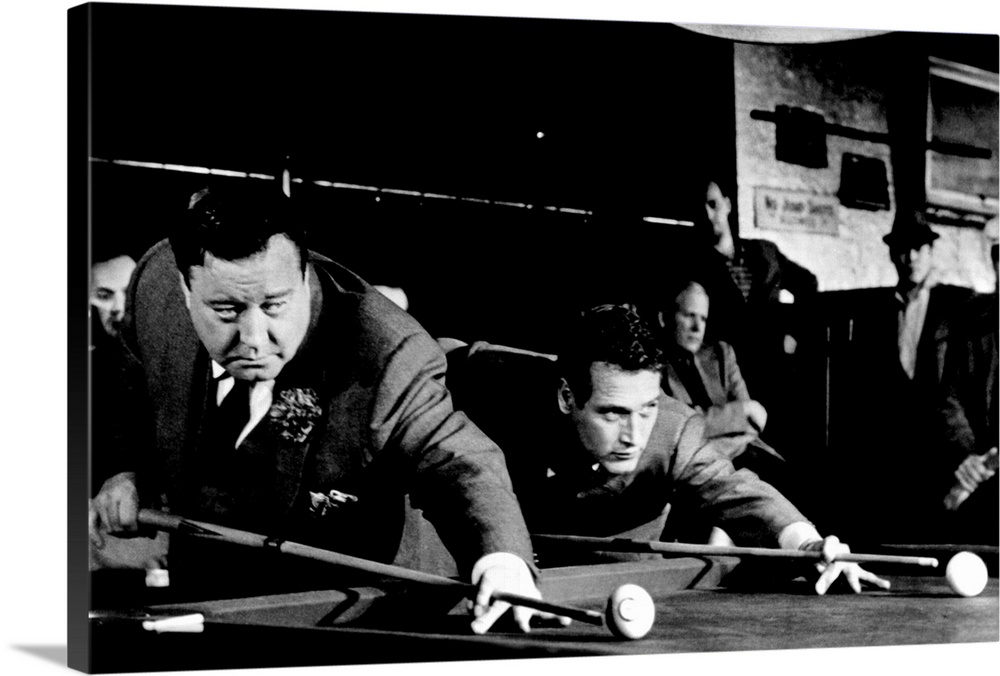 This is a still shot taken from the movie "The Hustler" of two men playing pool and both about to hit their pool balls on ...