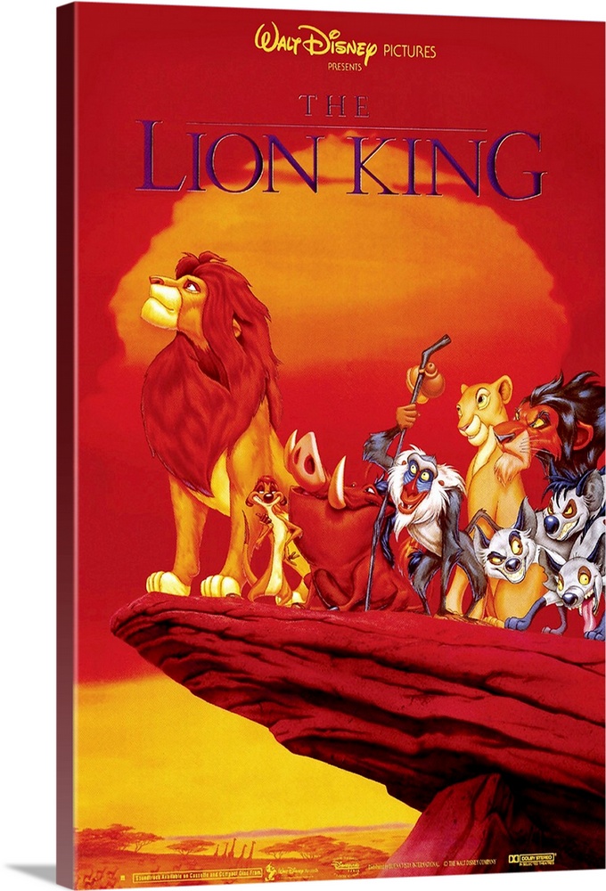 Large, vertical movie advertisement of the Walt Disney movie, The Lion King.  A grown Simba peers over the edge of a cliff...