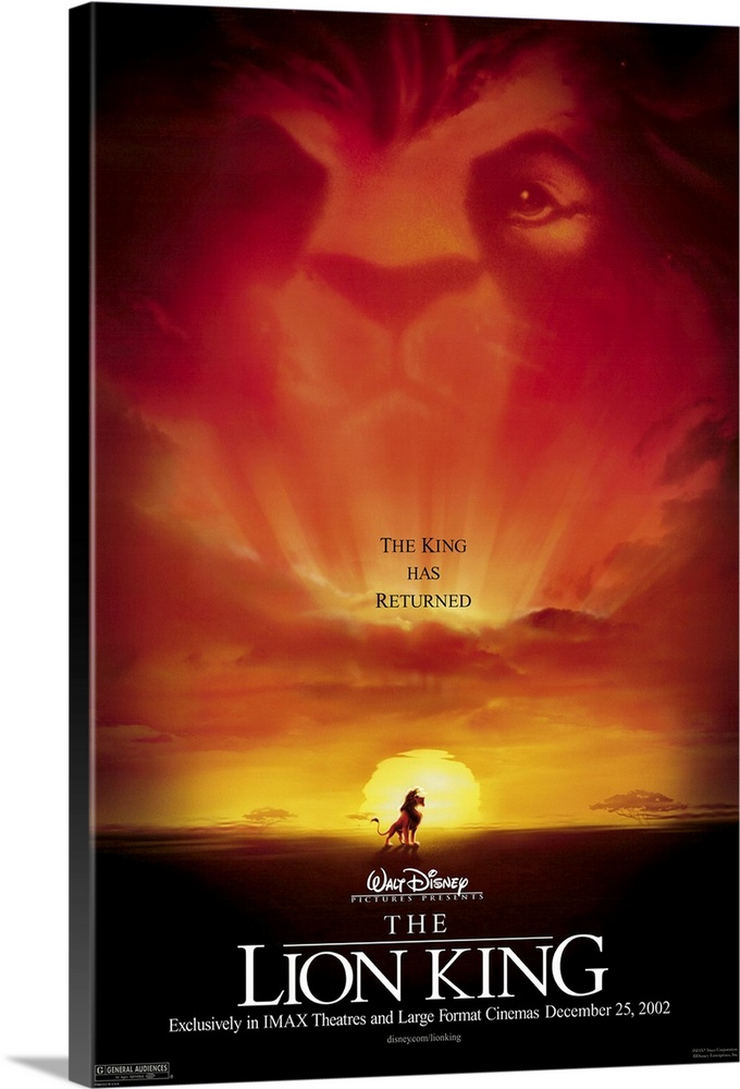 Movie poster for the 2002 Disney animated movie The Lion King with Simba high on a rock overlooking his kingdom.
