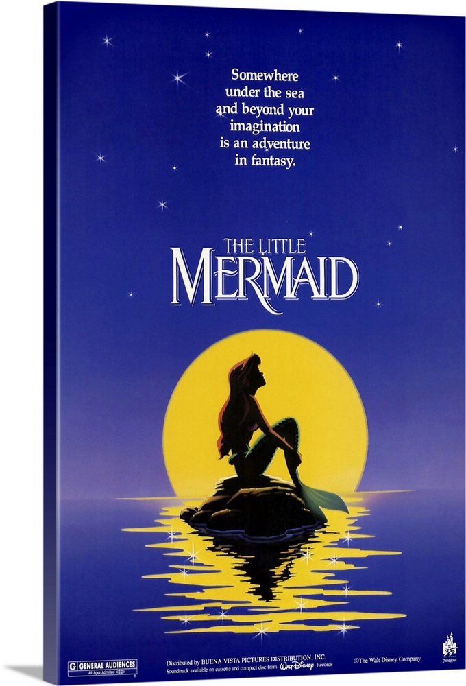 Poster for the classic Disney movie "The Little Mermaid". Ariel sits on a rock in the ocean in front of a full moon.