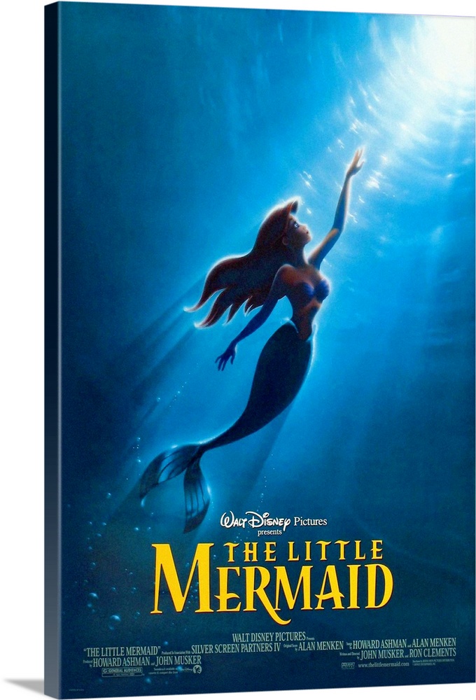 Giant, vertical movie advertisement for the 1989 Walt Disney movie, The Little Mermaid.  Ariel swims upward toward a brigh...