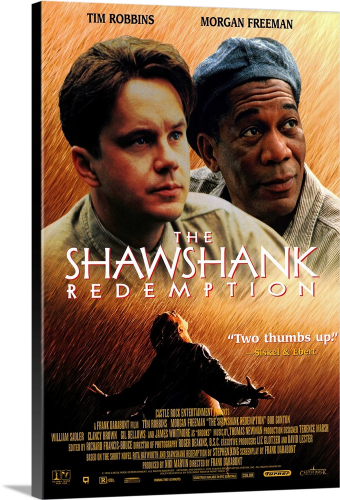 Movie poster for "Shawshank Redemption" with both Tim Robbins and Morgan Freeman shown and the iconic shot of Tim Robbins ...