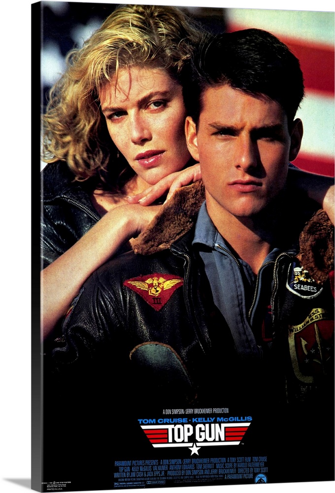 Movie poster for the hit film "Top Gun". Tom Cruise and his love interest are shown on the poster.