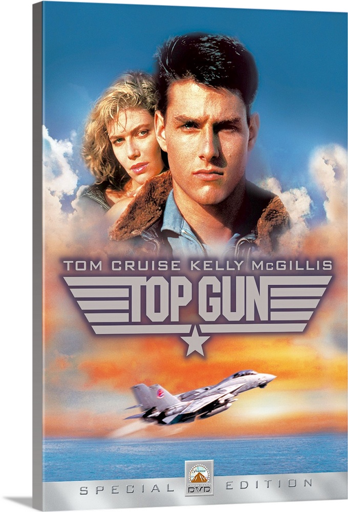 Movie poster for Top Gun with Tom Cruise and Kelly McGillis in the sky as a military plane takes off over the water.