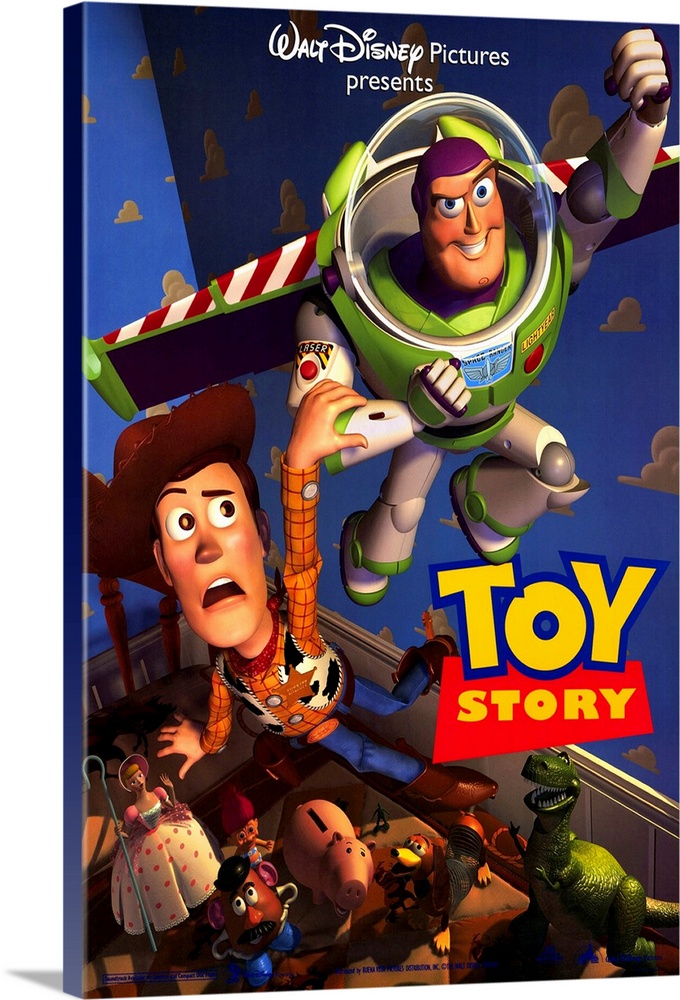 Portrait, large movie poster of Toy Story.  Buzz lightyear flying through the air, Woody holding onto his arm, while the o...