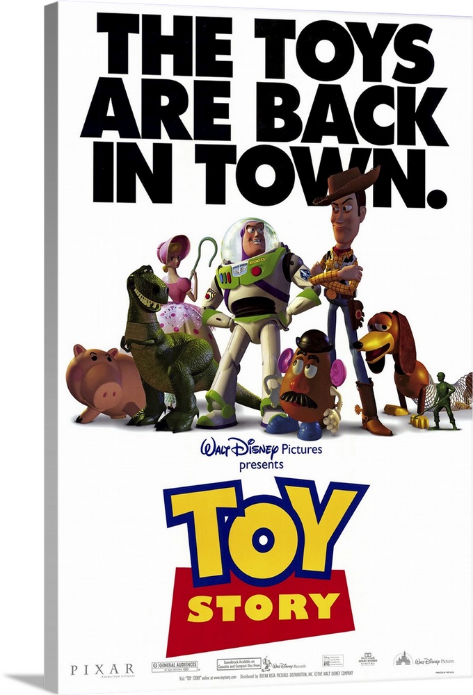 Movie poster for Toy Story with all of the popular toys in the center of the poster and the text "The toys are back in tow...