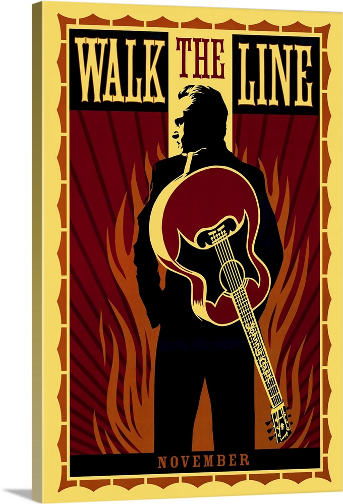 Retro art movie poster for "Walk The Line". It shows Johnny Cash from behind peering over his shoulder with his guitar swu...