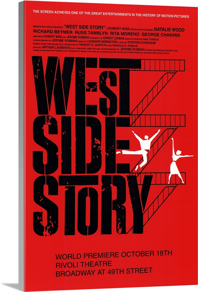 Broadway poster for the popular show "West Side Story". Flights of stairs go up the right side of the text with figures of...