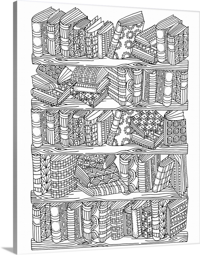 Contemporary line art of a bookshelf stacked with a ton of books. Perfect for Coloring Canvas.