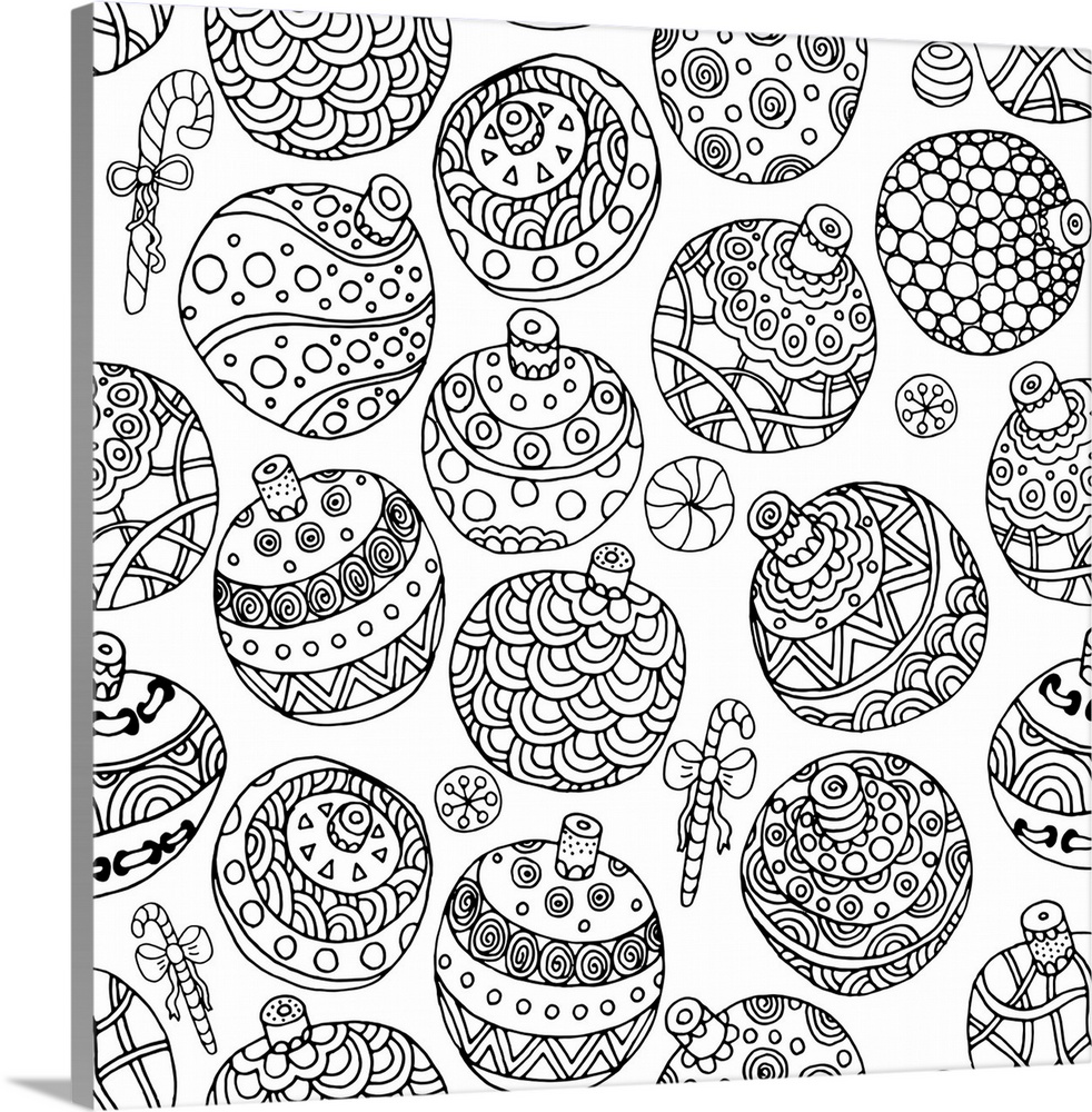 Contemporary line art of Christmas baubles with intricate designs against a white background. Perfect for Coloring Canvas.