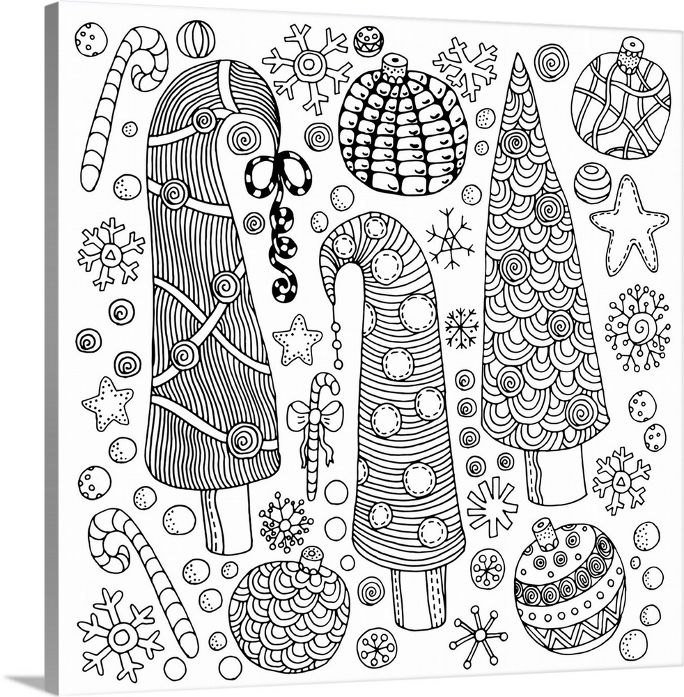 Contemporary line art of Christmas trees against a background of baubles and holiday treats. Perfect for Coloring Canvas.