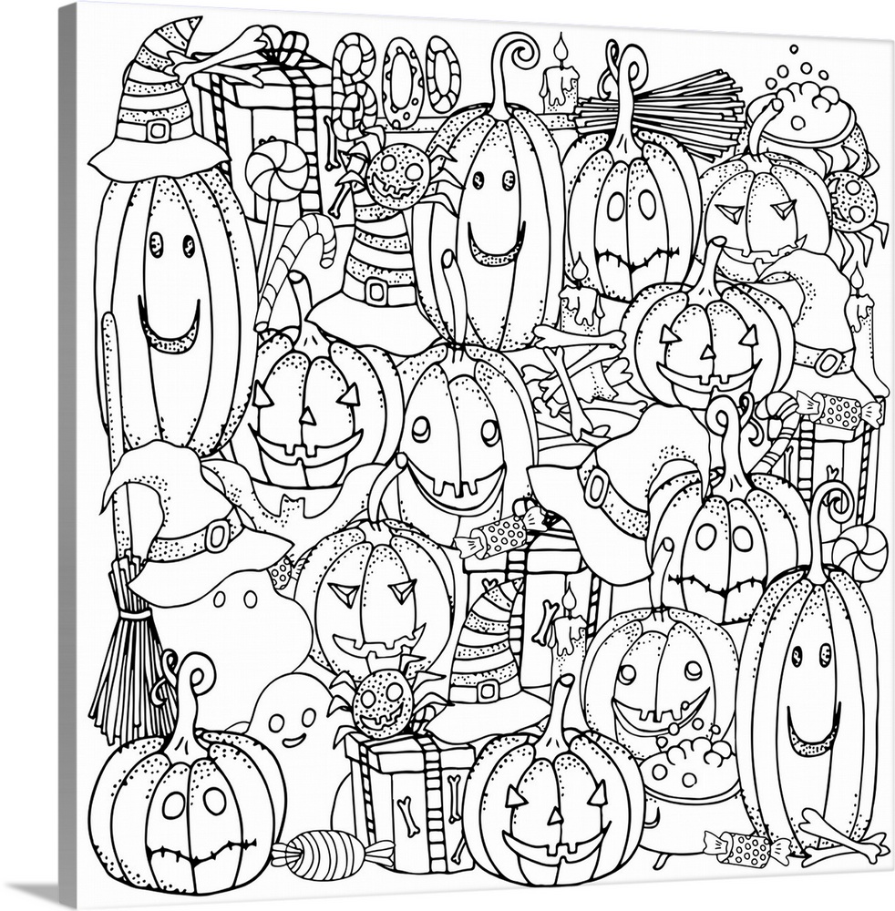 Contemporary line art of Jack-O-Lanterns against a white background. Perfect for Coloring Canvas.
