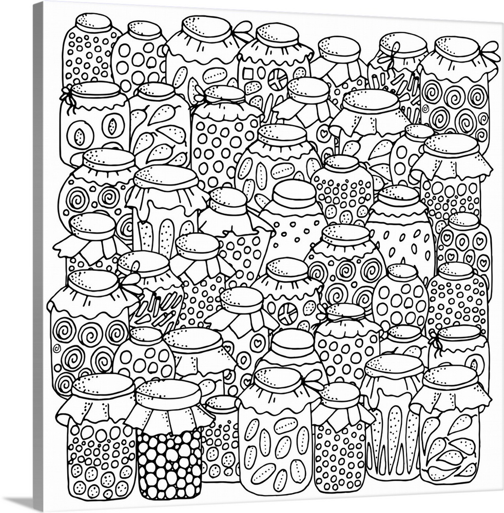 Contemporary line art of mason jars filled preserves, pickles, jams, jellies, and other foods. Perfect for Coloring Canvas.