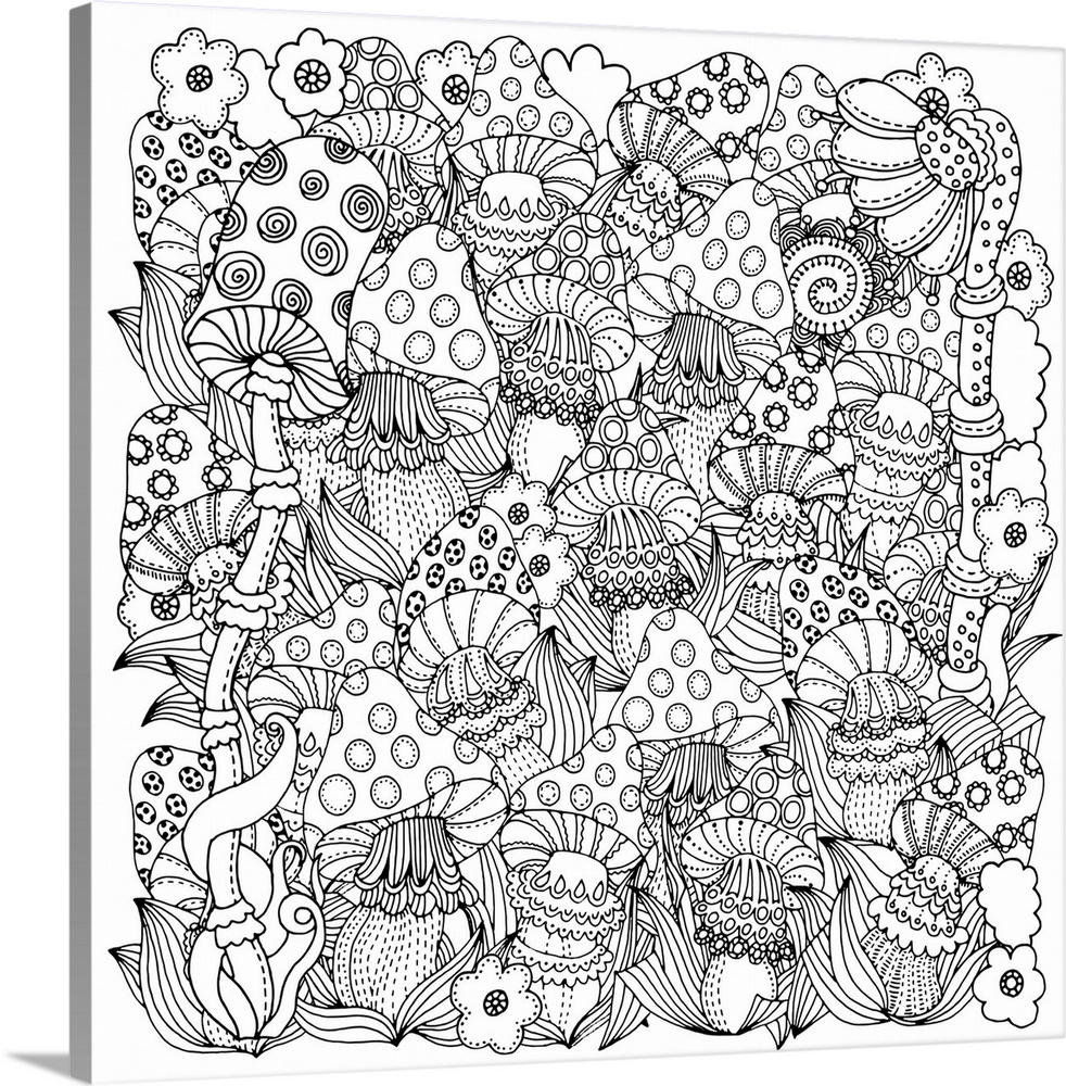 Contemporary line art of an intricate design of mushrooms and flowers. Perfect for Coloring Canvas.