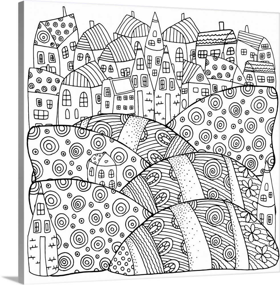 Contemporary line art of a rolling hills with elaborate patterns leading to a group of houses and building. Perfect for Co...