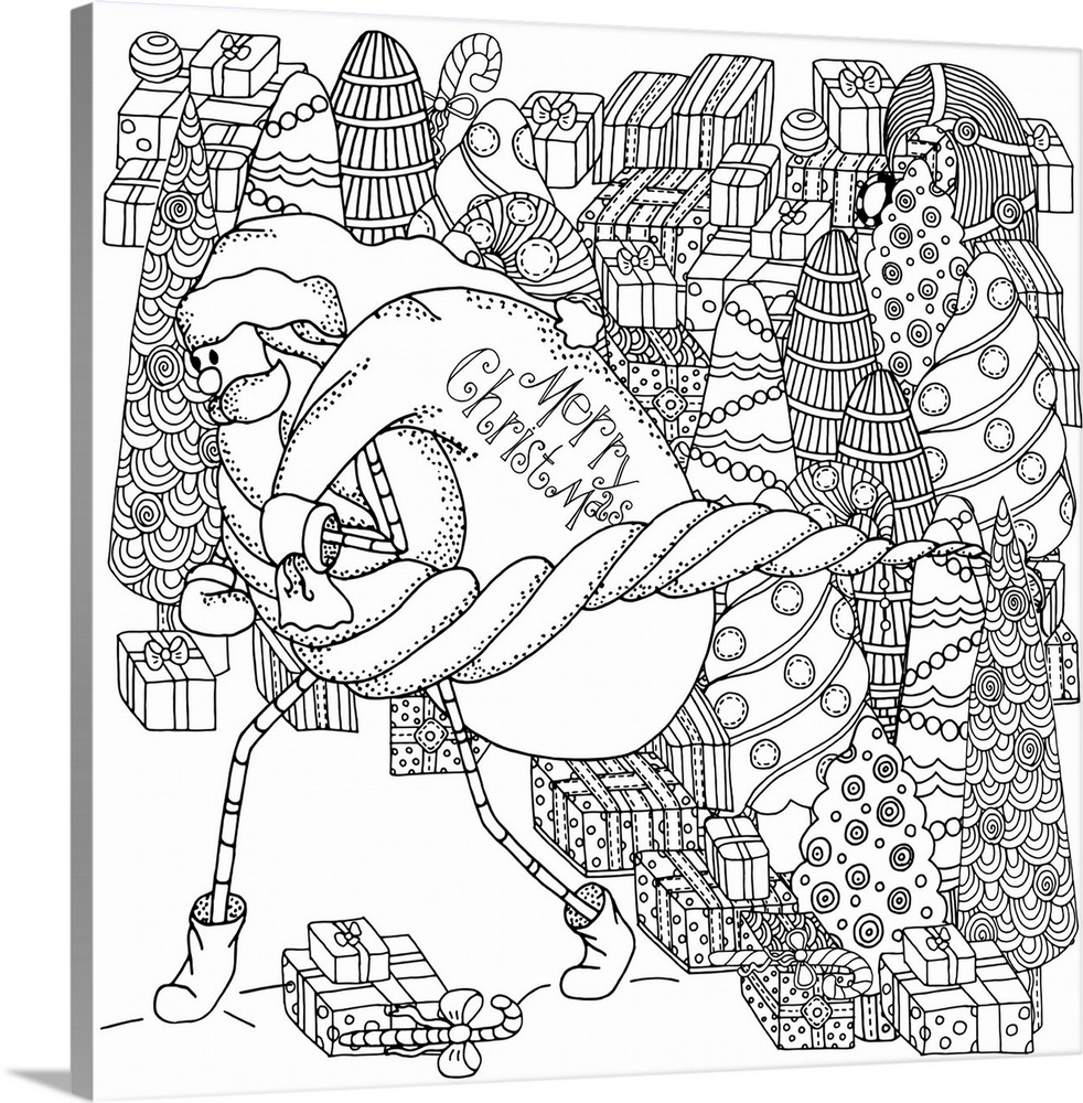 Contemporary line art of Santa Claus against a background of presents. Perfect for Coloring Canvas.
