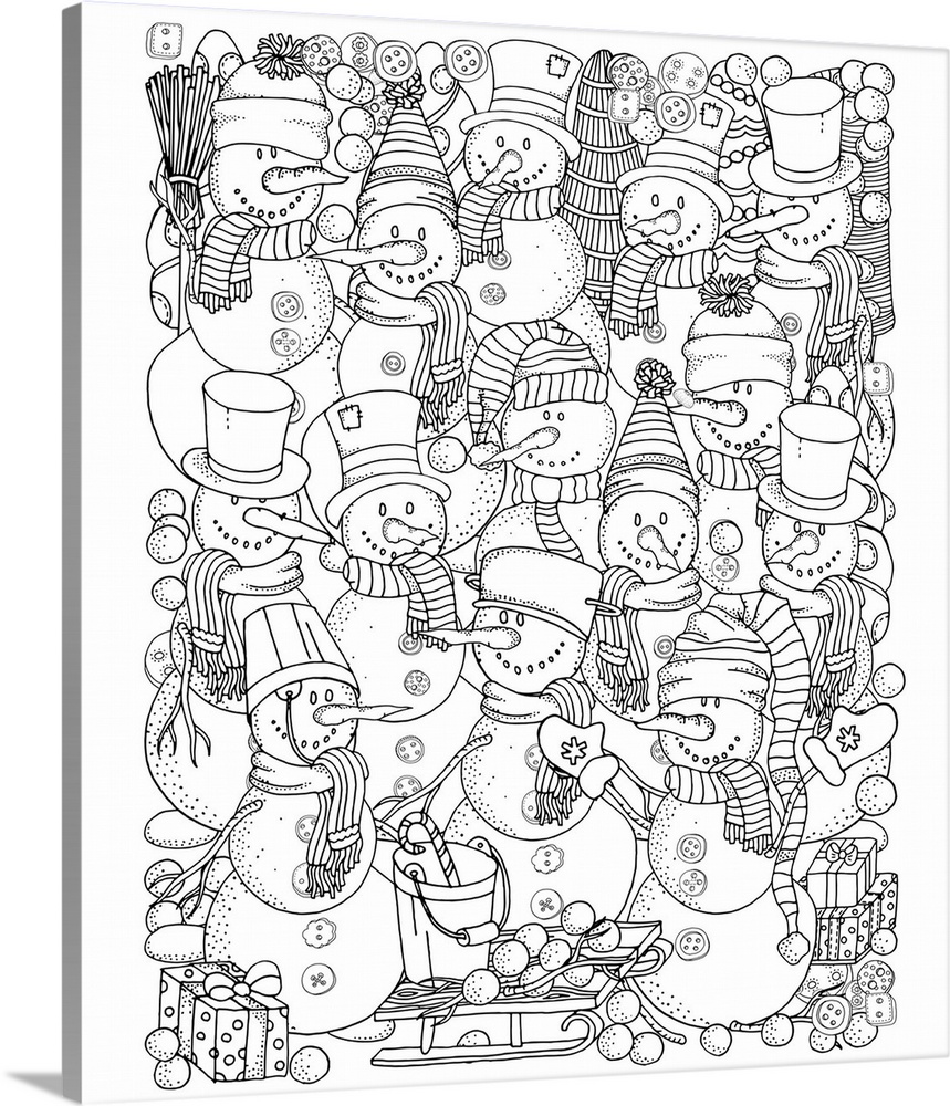 Contemporary line art of a gathering of snowman all wearing different winter attire. Perfect for Coloring Canvas.