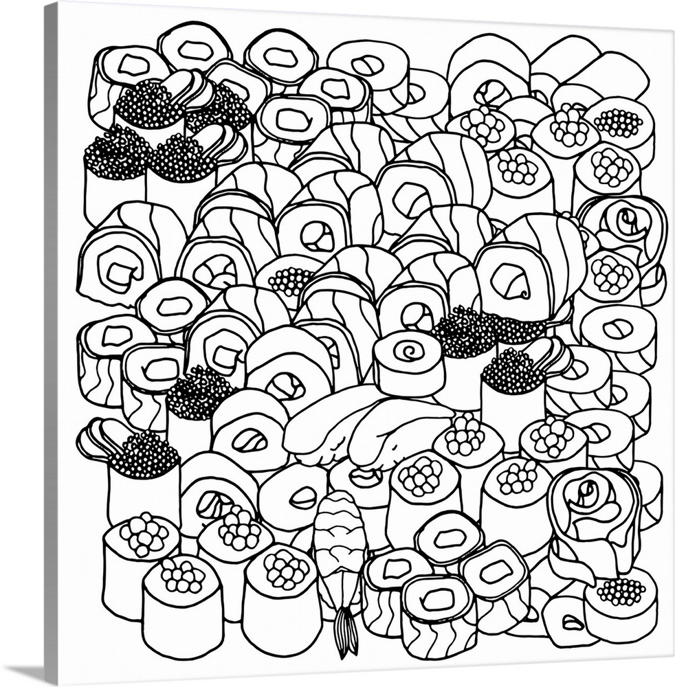 Contemporary line art of a large group of sushi rolls with sashimi against a white background. Perfect for Coloring Canvas.