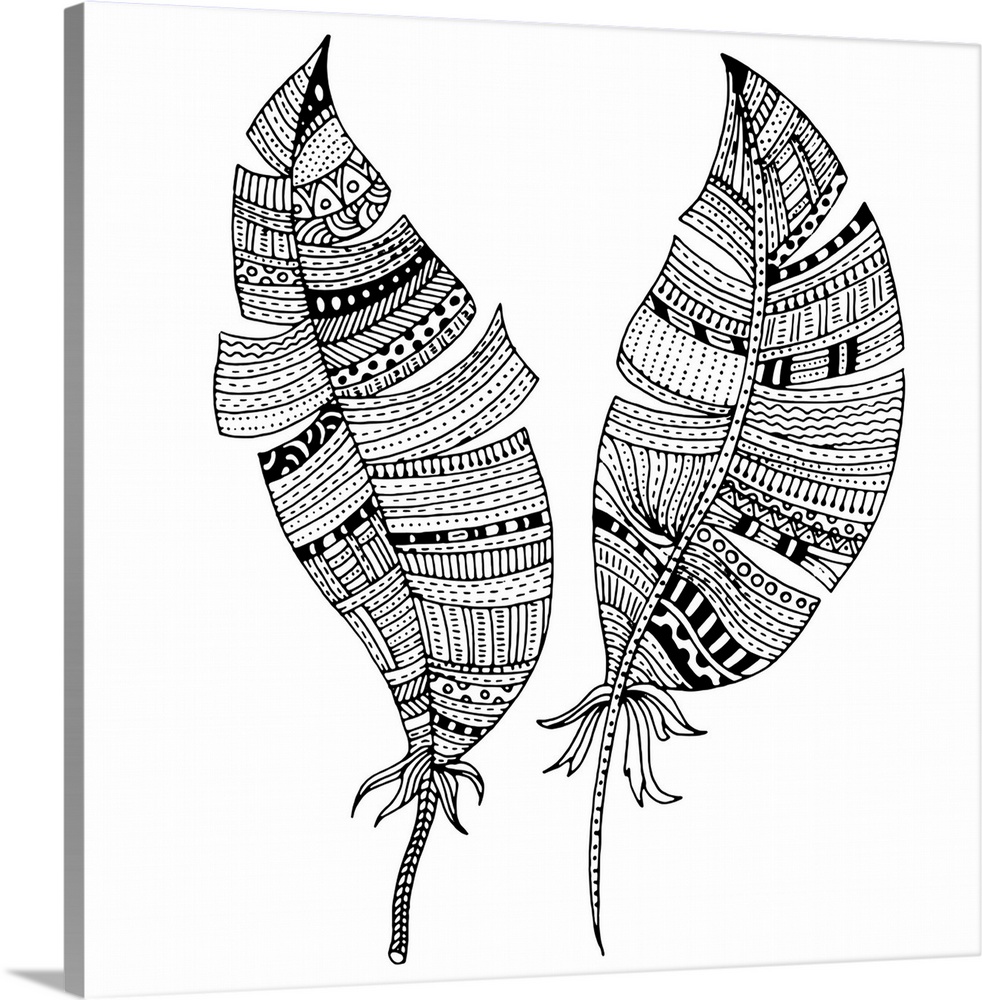 Contemporary line art of two feathers with tribal patterns and designs against a white background. Perfect for Coloring Ca...