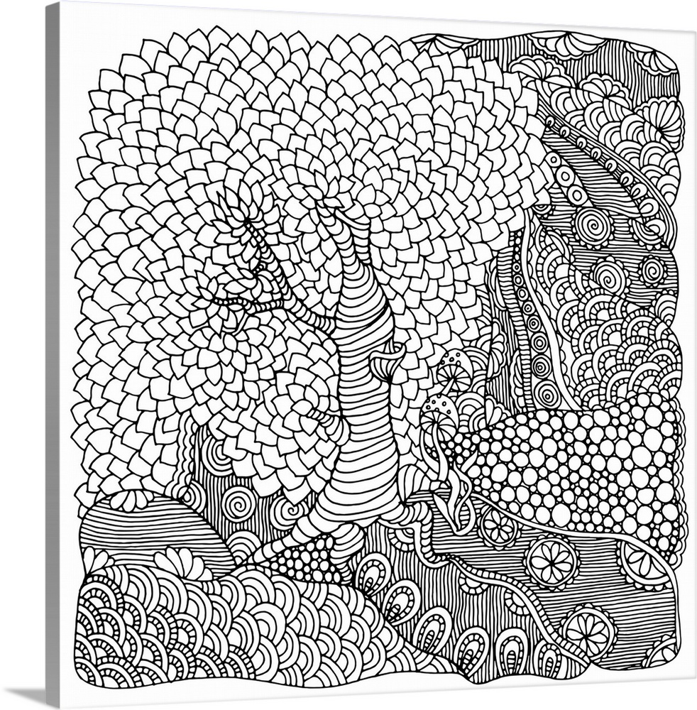 Contemporary line art of a willow tree surrounded by intricate and decorative nature designs. Perfect for Coloring Canvas.