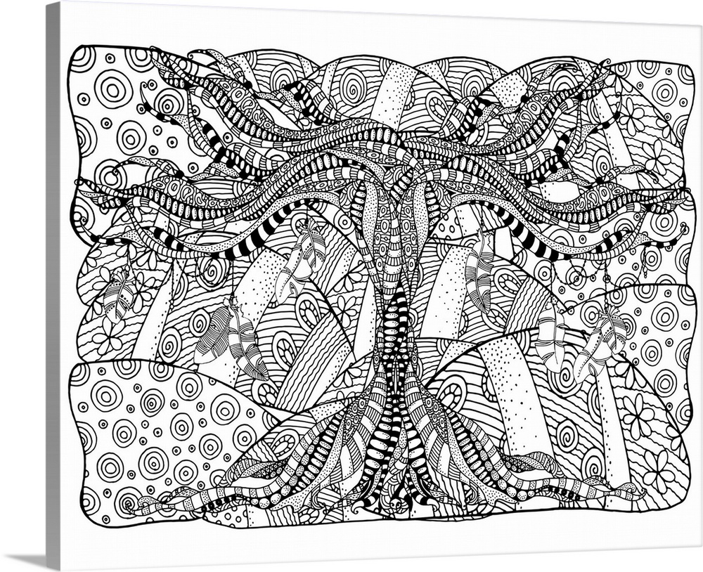 Contemporary line art of a gnarled and old looking tree filled with intricate patterns against an intricately designed bac...