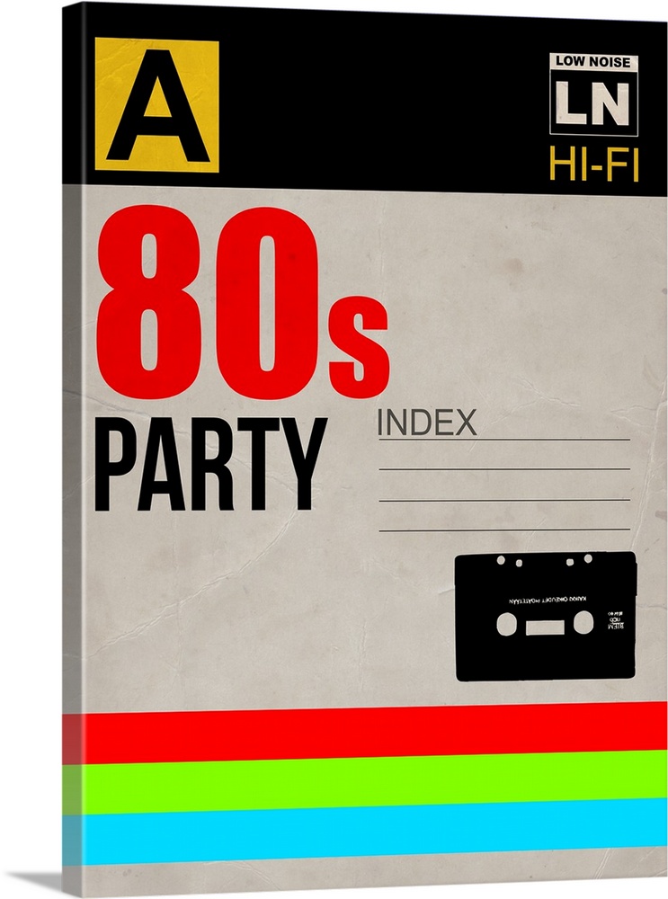 A retro graphic image featuring bold stripes of color and the silhouette of a tape cassette made to look like product pack...