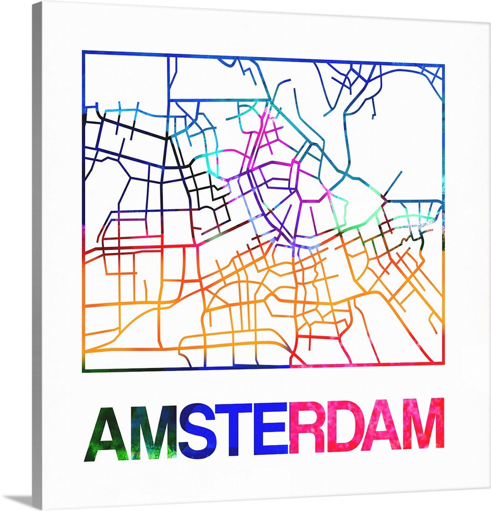 Colorful map of the streets of Amsterdam, Netherlands.