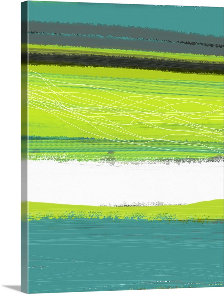 Abstract artwork that uses bright cool colors painted horizontally across this vertical print.