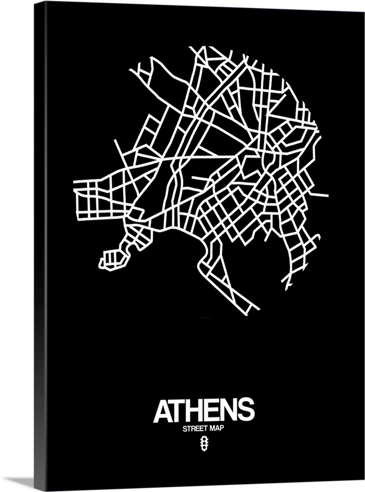 Minimalist art map of the city streets of Athens in black and white.
