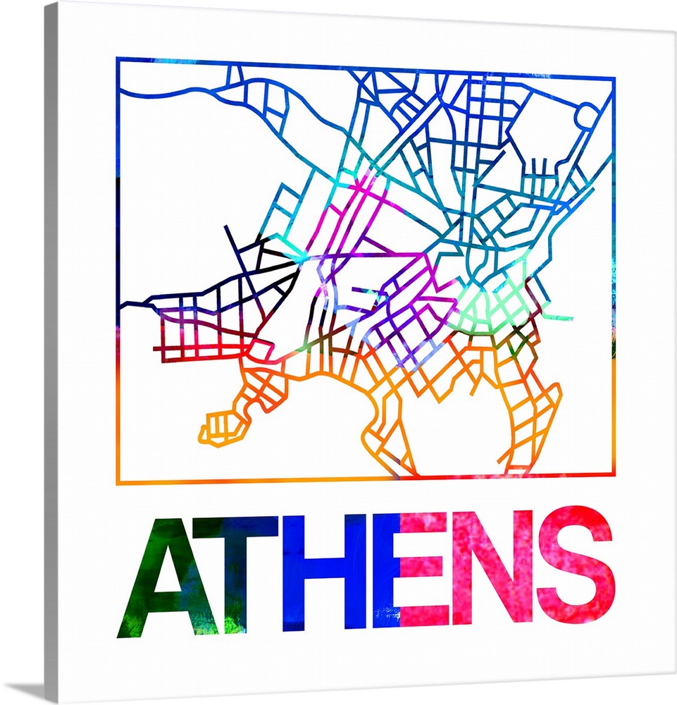 Colorful map of the streets of Athens, Greece.