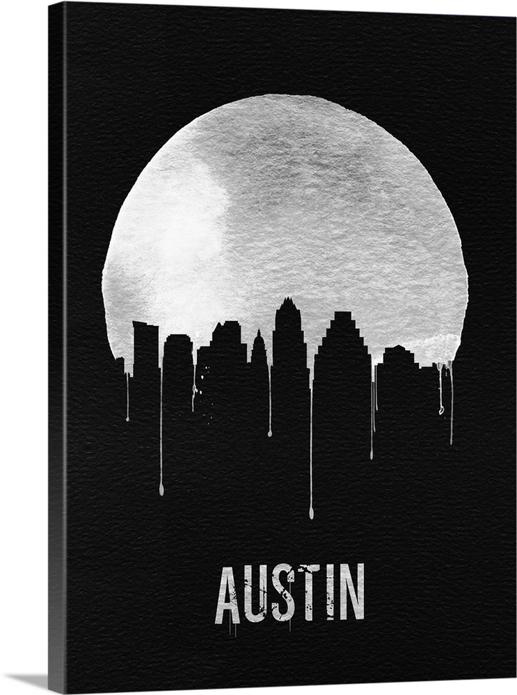 Contemporary watercolor artwork of the Austin city skyline, in silhouette.