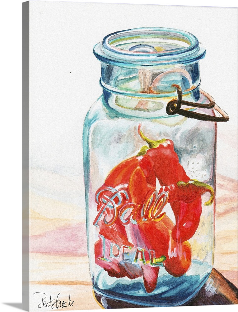 A contemporary painting of a glass jar containing chili peppers.