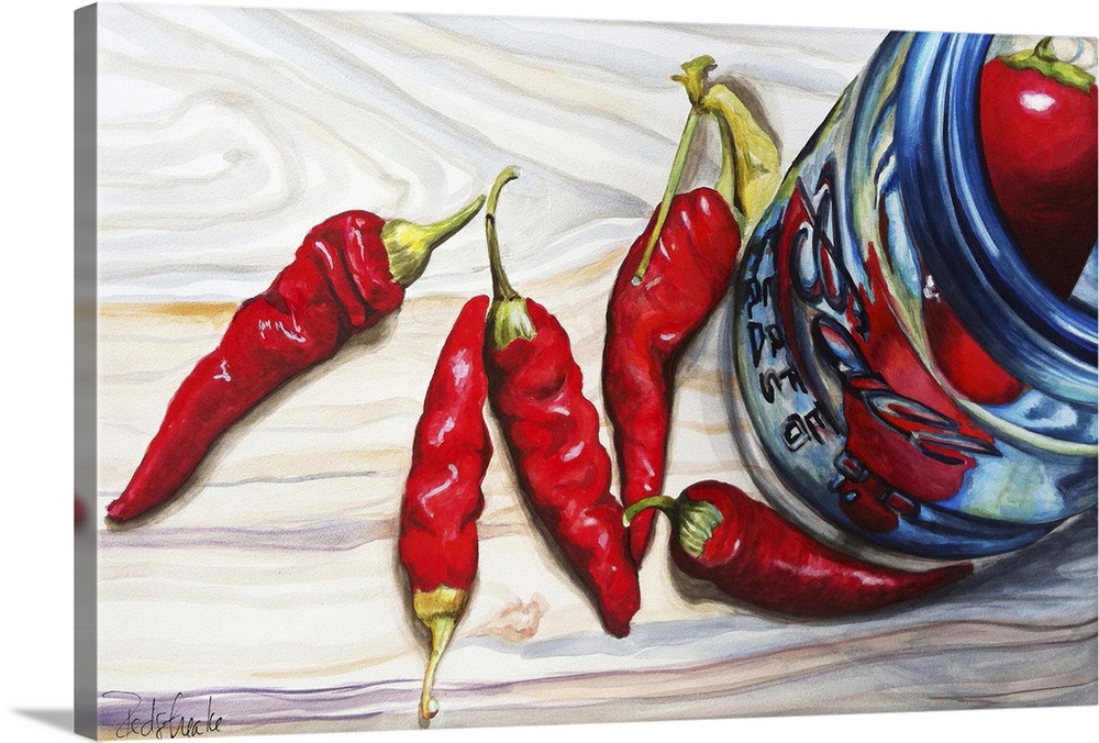 A contemporary painting of a glass jar containing chili peppers.