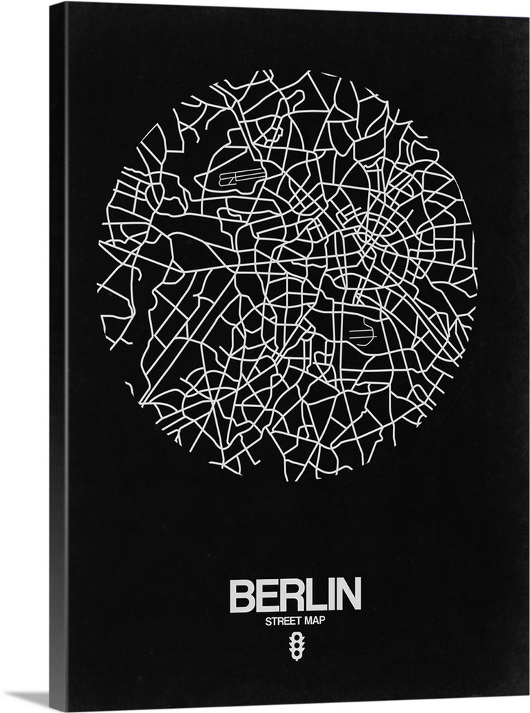 Minimalist art map of the city streets of Berlin in black and white.