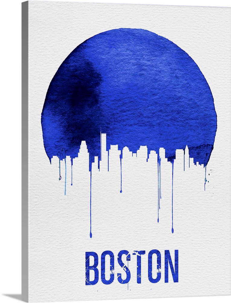 Contemporary watercolor artwork of the Boston city skyline, in silhouette.