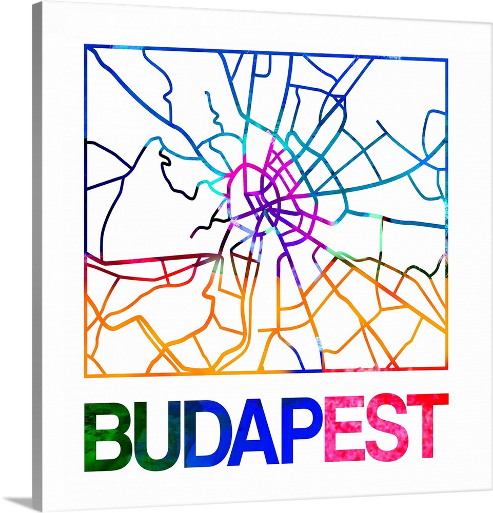Colorful map of the streets of Budapest, Hungary.