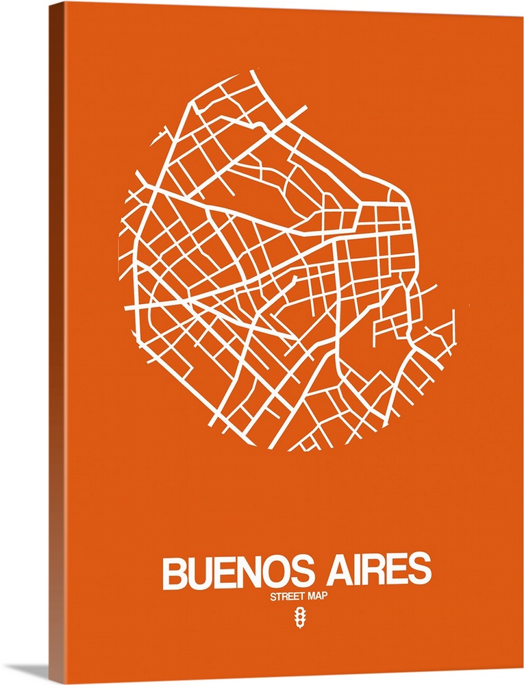 Minimalist art map of the city streets of Buenos Aires in orange and white.
