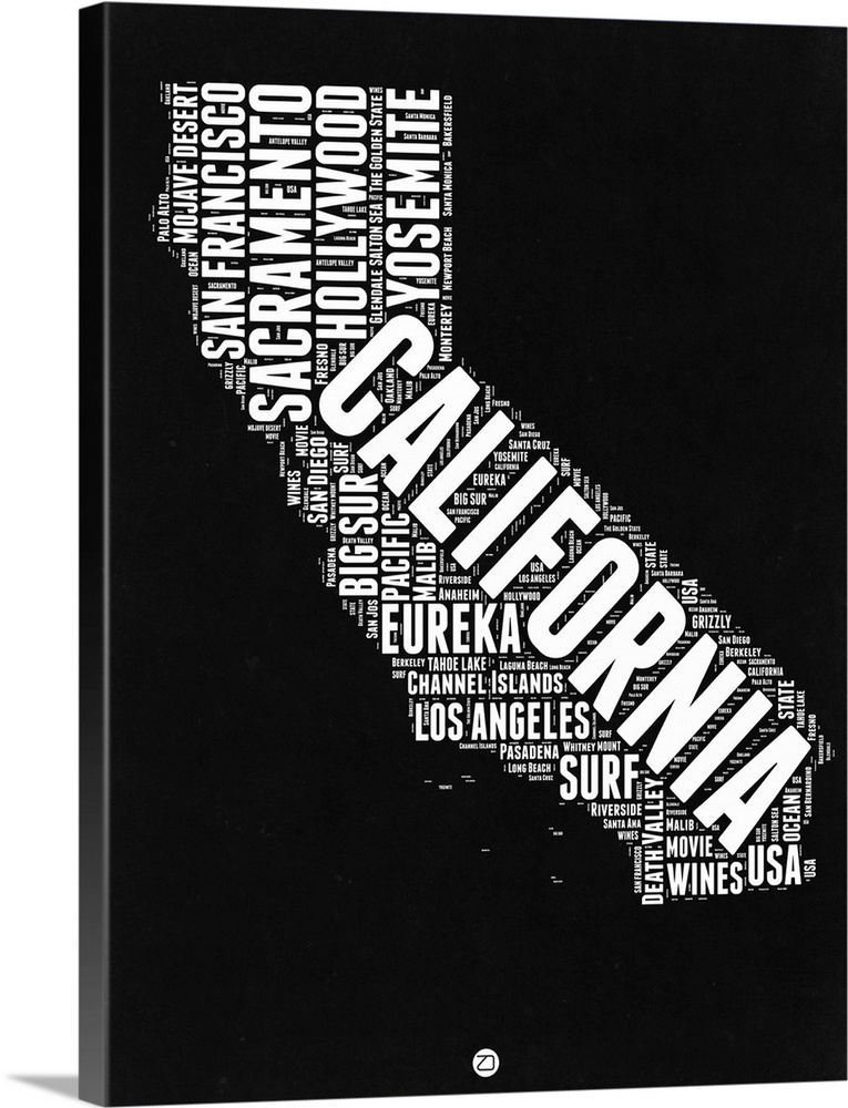 Typography art map of the US state California.