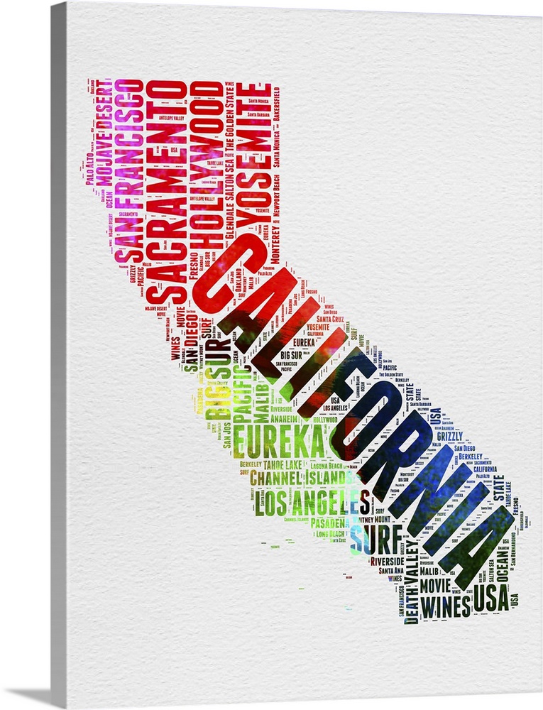 Watercolor typography art map of the US state California.