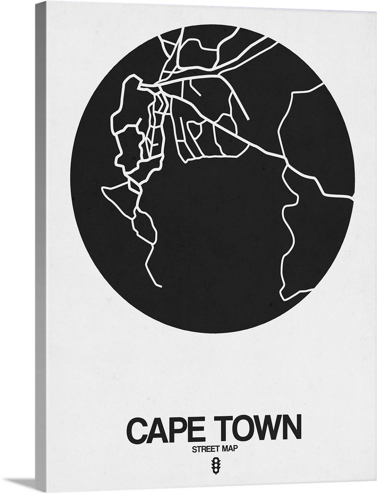 Minimalist art map of the city streets of Cape Town in white and black.