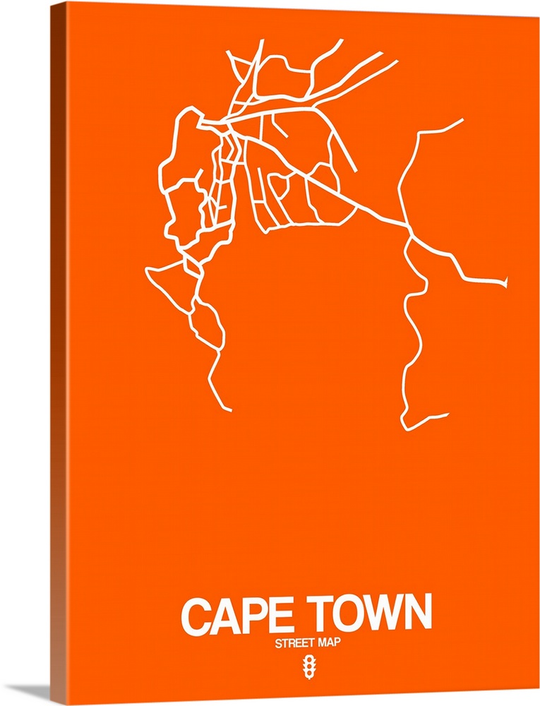 Minimalist art map of the city streets of Cape Town in orange and white.
