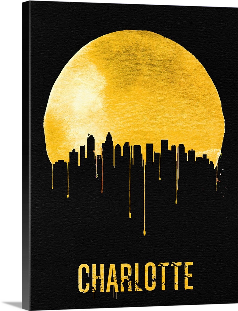 Contemporary watercolor artwork of the Charlotte city skyline, in silhouette.