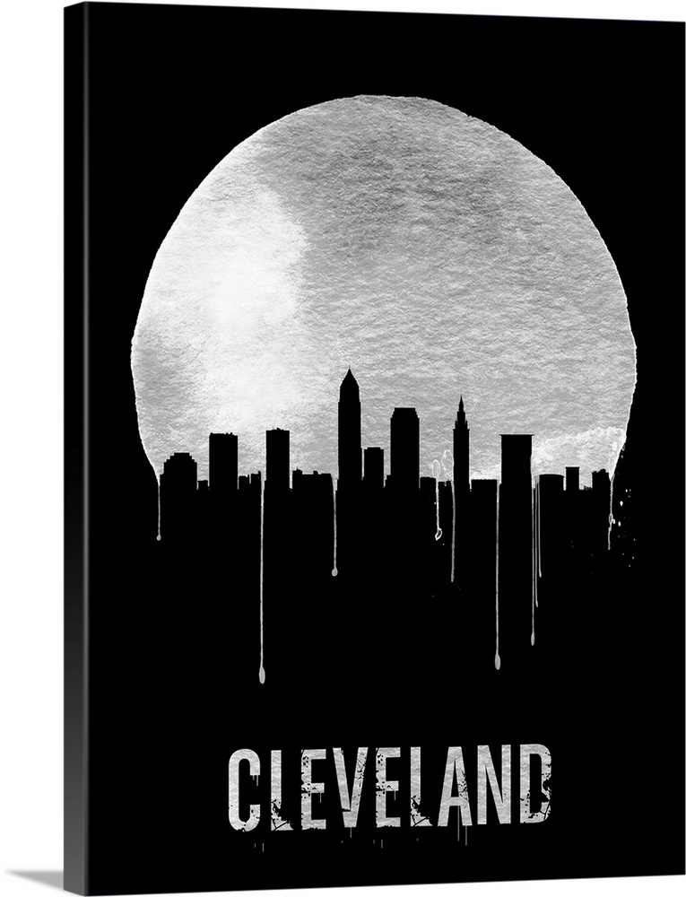 Contemporary watercolor artwork of the Cleveland city skyline, in silhouette.