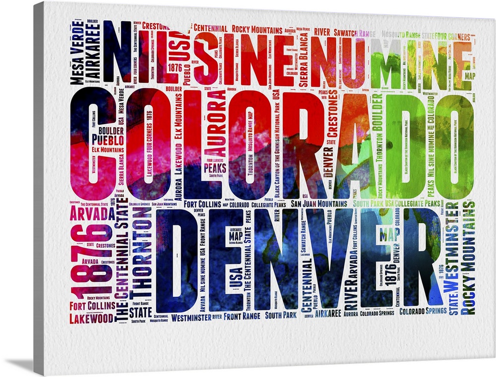 Watercolor typography art map of the US state Colorado.