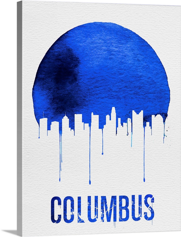 Contemporary watercolor artwork of the Columbus city skyline, in silhouette.