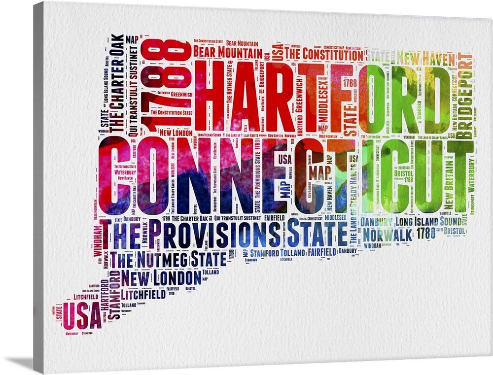 Watercolor typography art map of the US state Connecticut.
