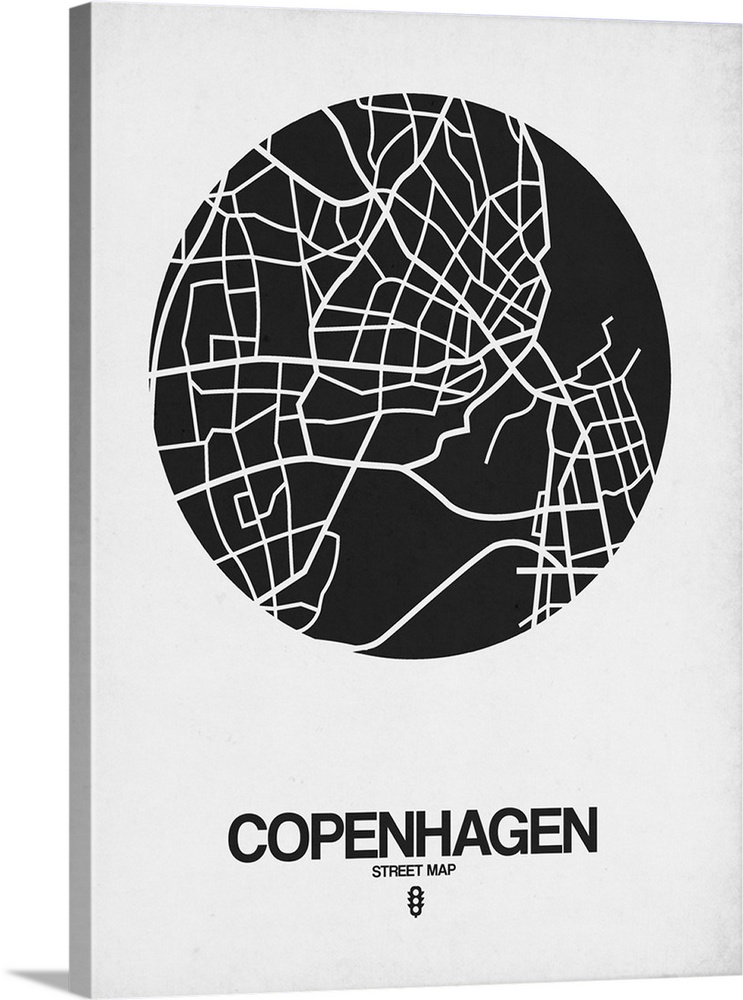 Minimalist art map of the city streets of Copenhagen in white and black.